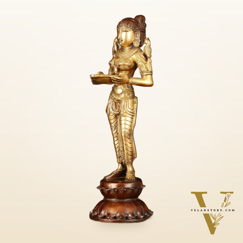 Brass Superfine Deep Lakshmi Pavaai Vilakku - 15" Lady with Diyas