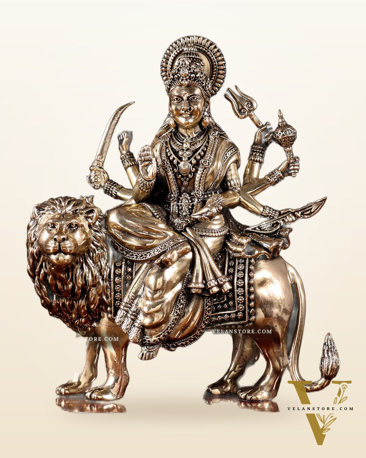 Brass Superfine Durga Ambe Mata Idol on Wooden Base – 9.5 Inch