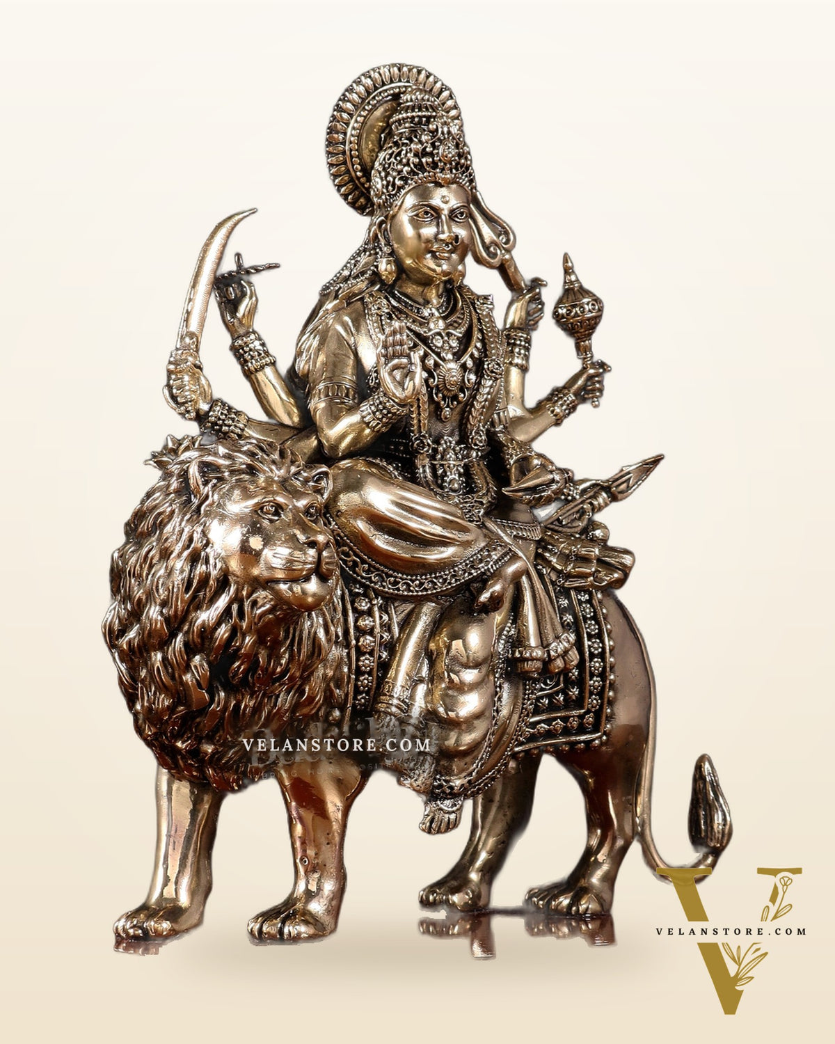 Brass Superfine Durga Ambe Mata Idol on Wooden Base – 9.5 Inch