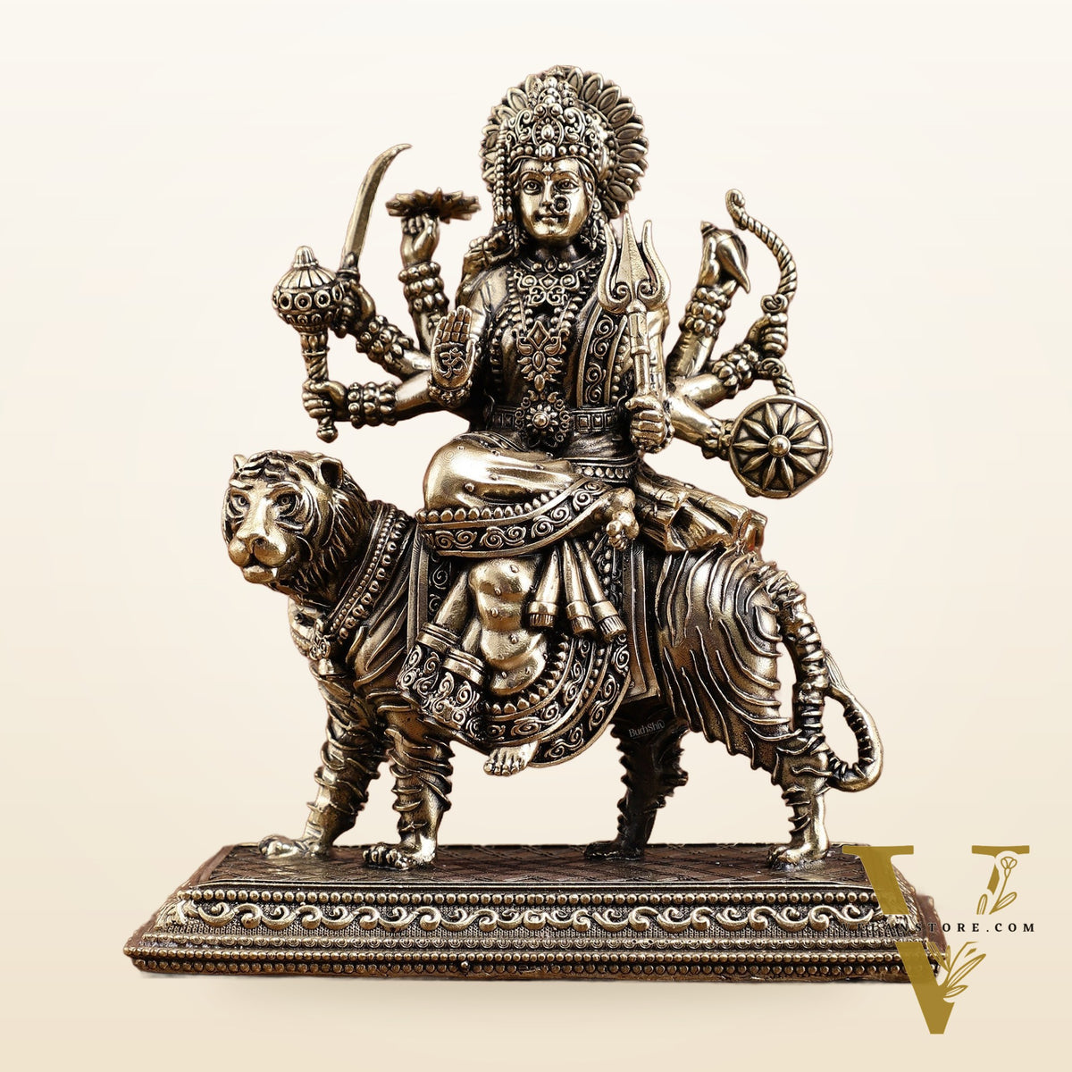 Brass Superfine Durga on Tiger Idol with Engraved Base – 7 Inches tall