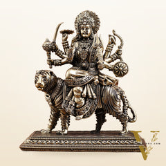 Brass Superfine Durga on Tiger Idol with Engraved Base – 7 Inches tall