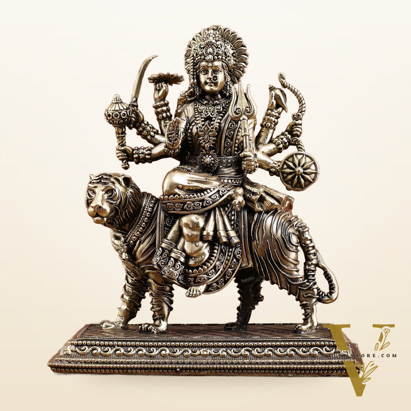 Brass Superfine Durga on Tiger Idol with Engraved Base – 7 Inches tall