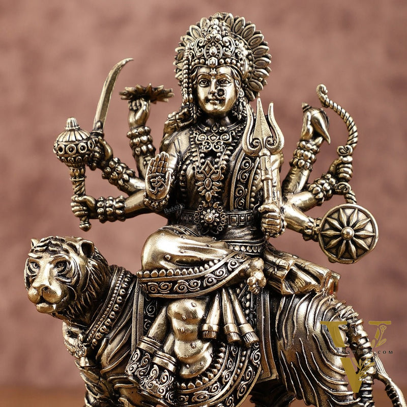 Brass Superfine Durga on Tiger Idol with Engraved Base – 7 Inches tall