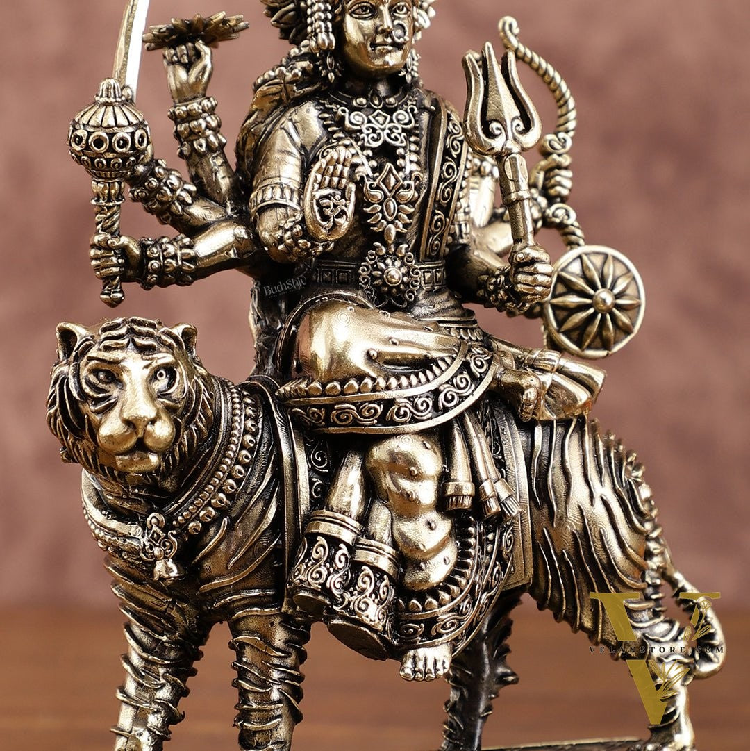 Brass Superfine Durga on Tiger Idol with Engraved Base – 7 Inches tall