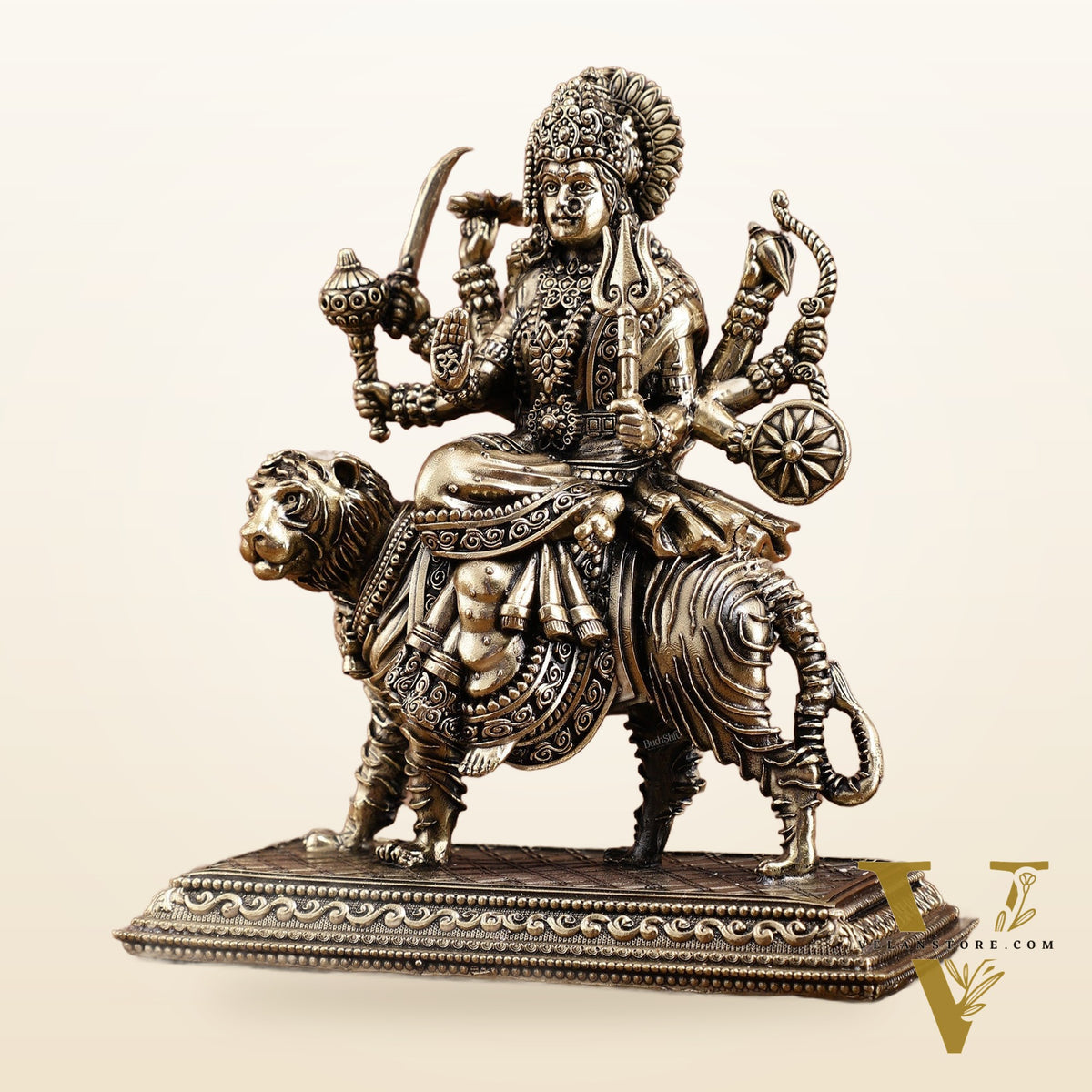 Brass Superfine Durga on Tiger Idol with Engraved Base – 7 Inches tall