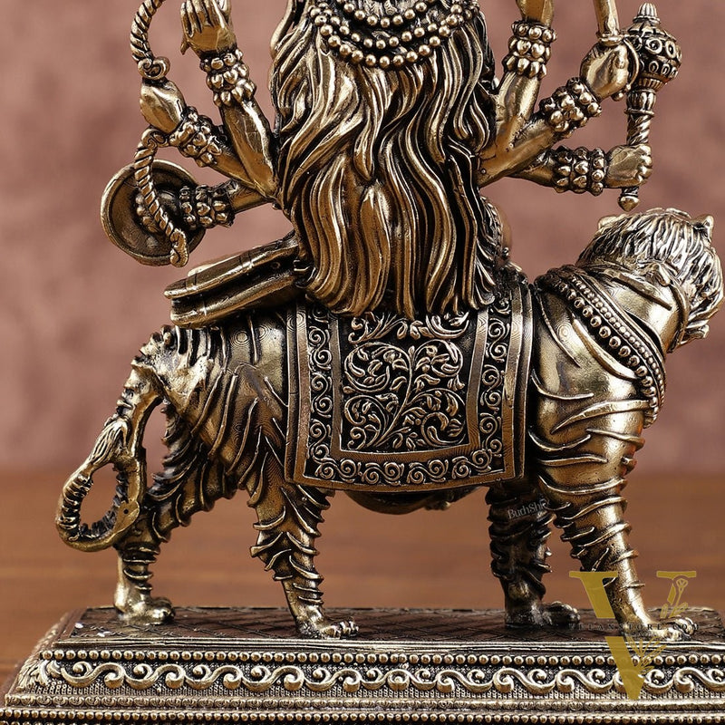 Brass Superfine Durga on Tiger Idol with Engraved Base – 7 Inches tall
