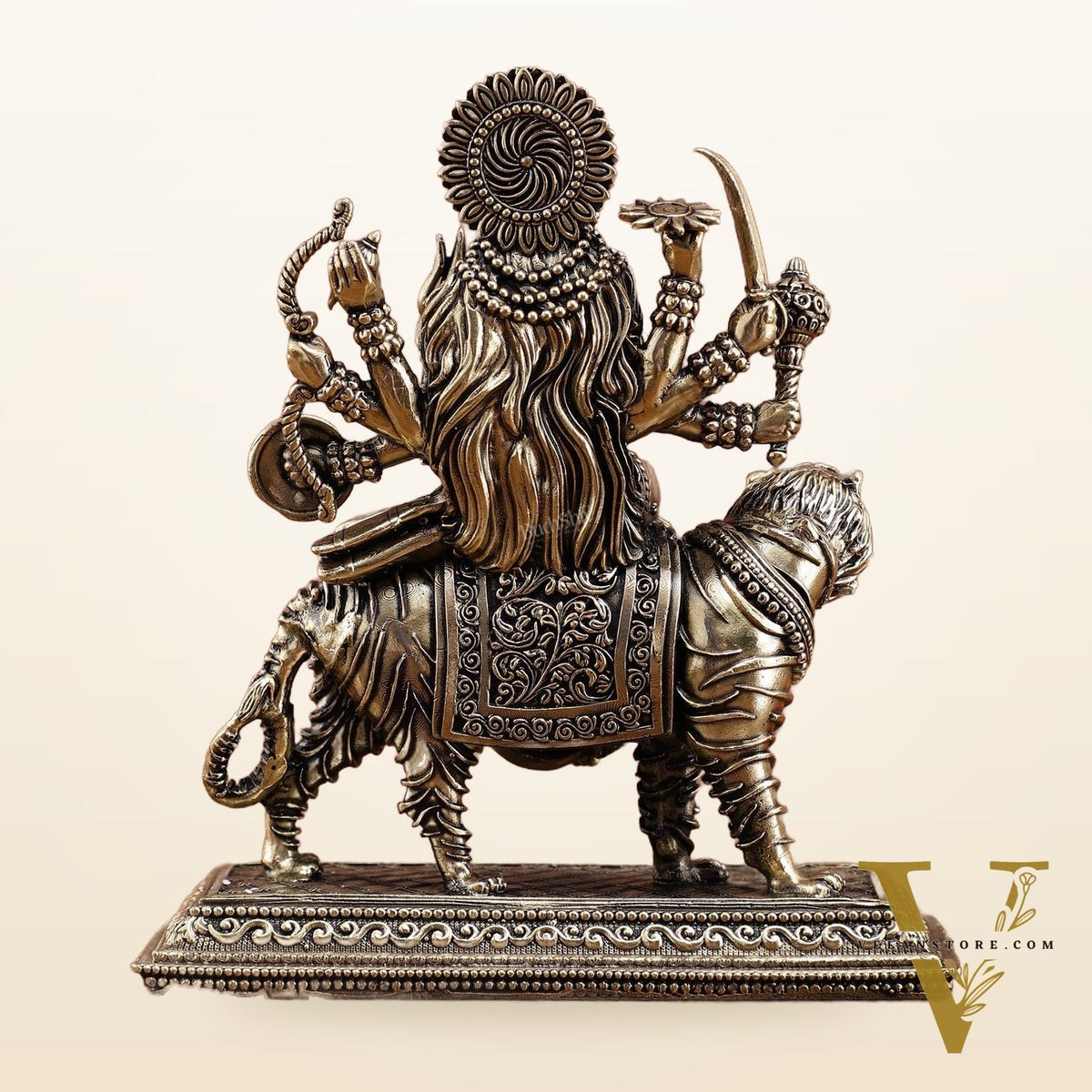 Brass Superfine Durga on Tiger Idol with Engraved Base – 7 Inches tall