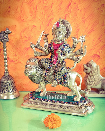 Brass Superfine Durga statue with Stonework 10 "