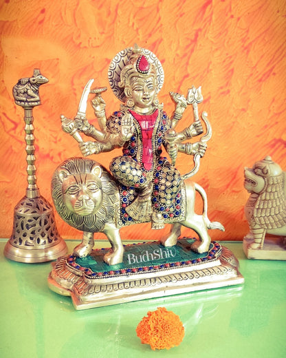 Brass Superfine Durga statue with Stonework 10 "