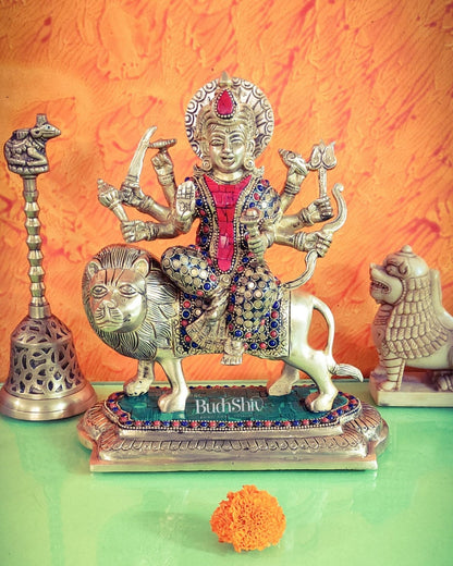 Brass Superfine Durga statue with Stonework 10 "