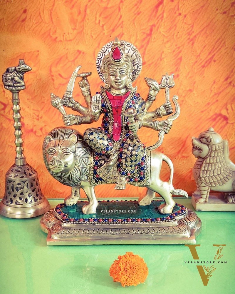 Brass Superfine Durga statue with Stonework 10 "