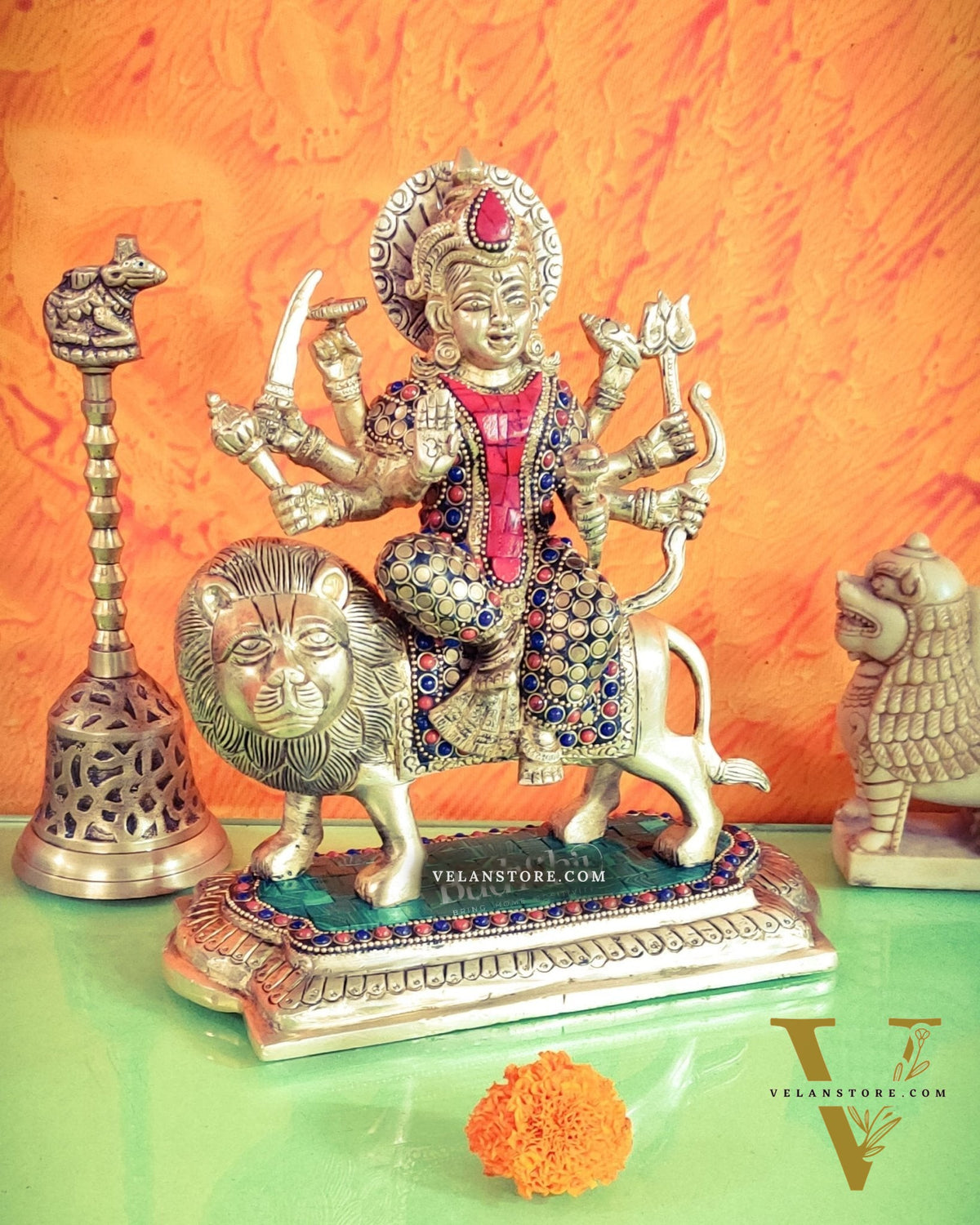 Brass Superfine Durga statue with Stonework 10 "