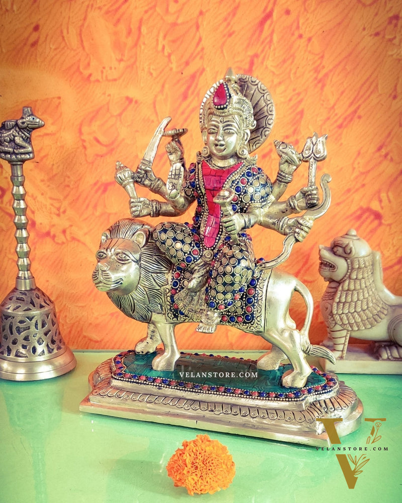 Brass Superfine Durga statue with Stonework 10 "