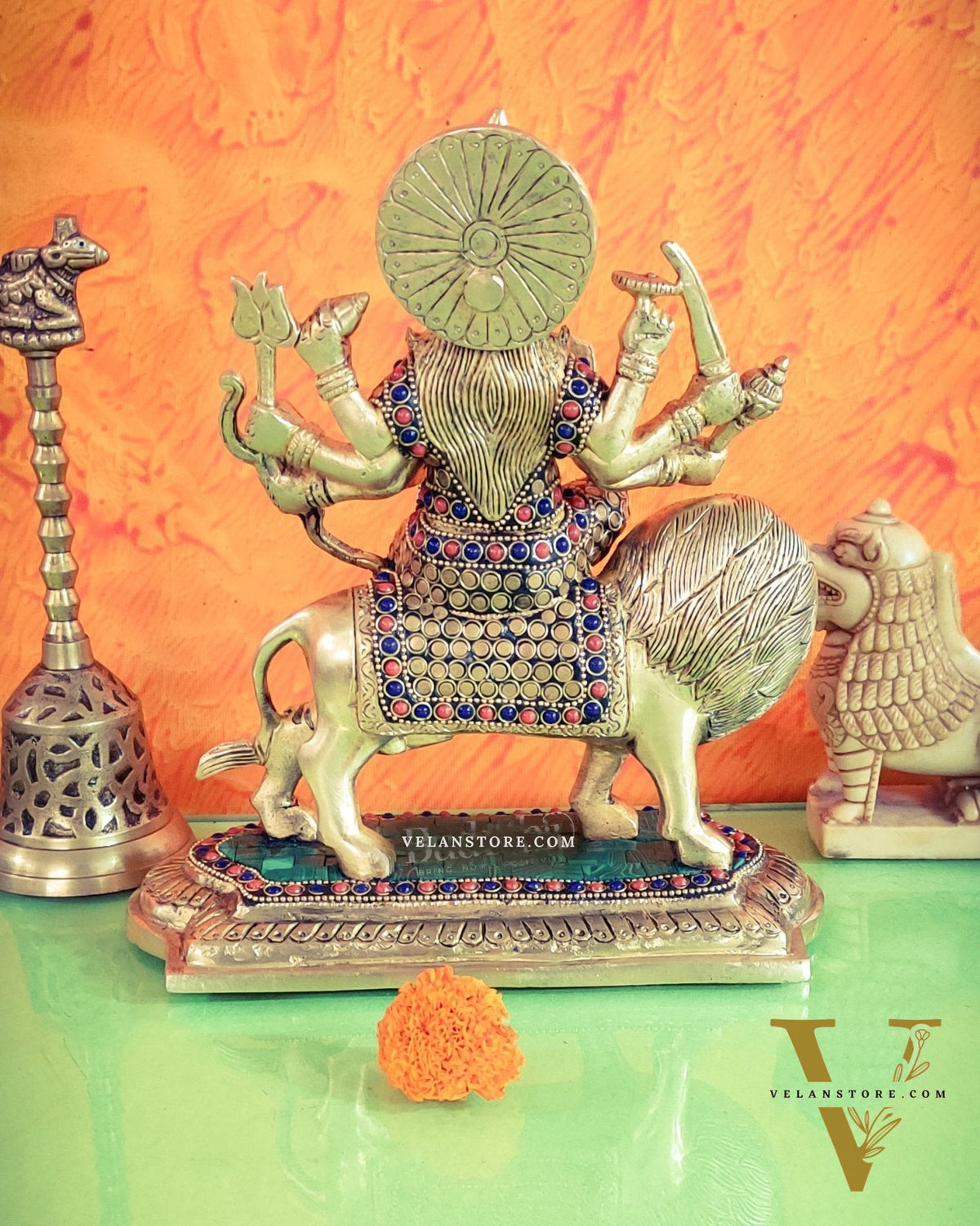 Brass Superfine Durga statue with Stonework 10 "