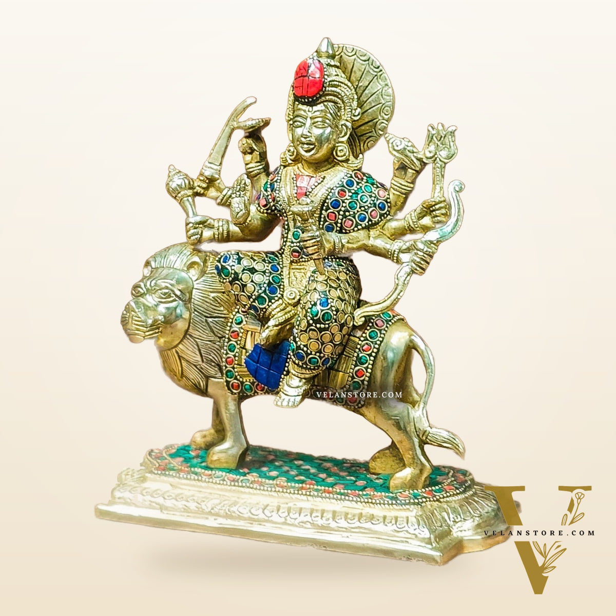 Brass Superfine Durga statue with Stonework 10 "
