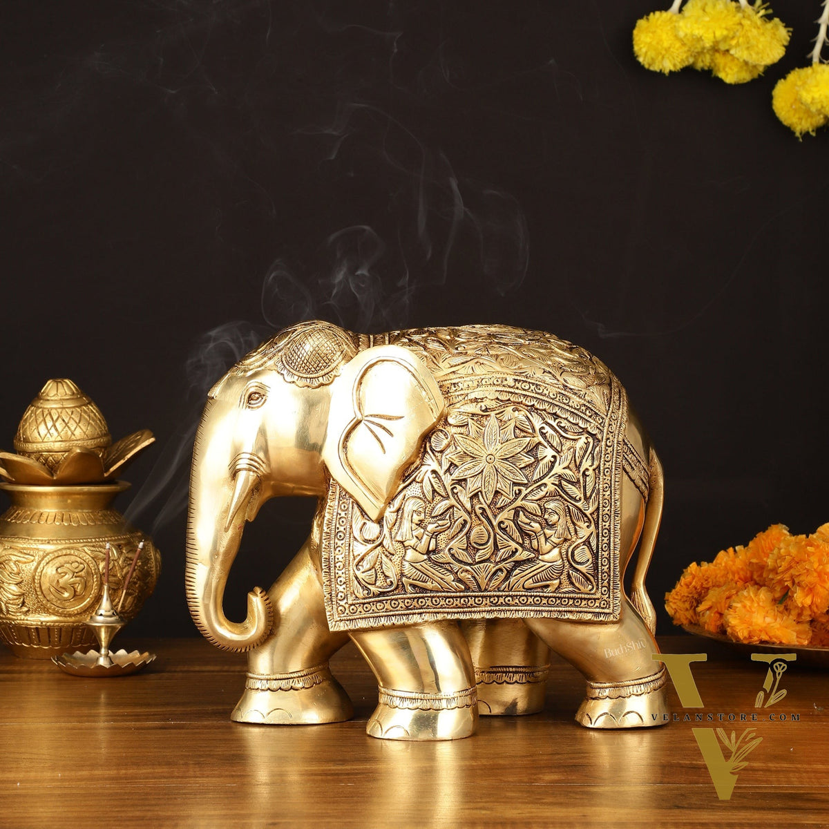 Brass Superfine Elephant Statue - 12" Engraved Perfection