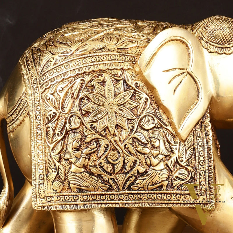 Brass Superfine Elephant Statue - 12" Engraved Perfection