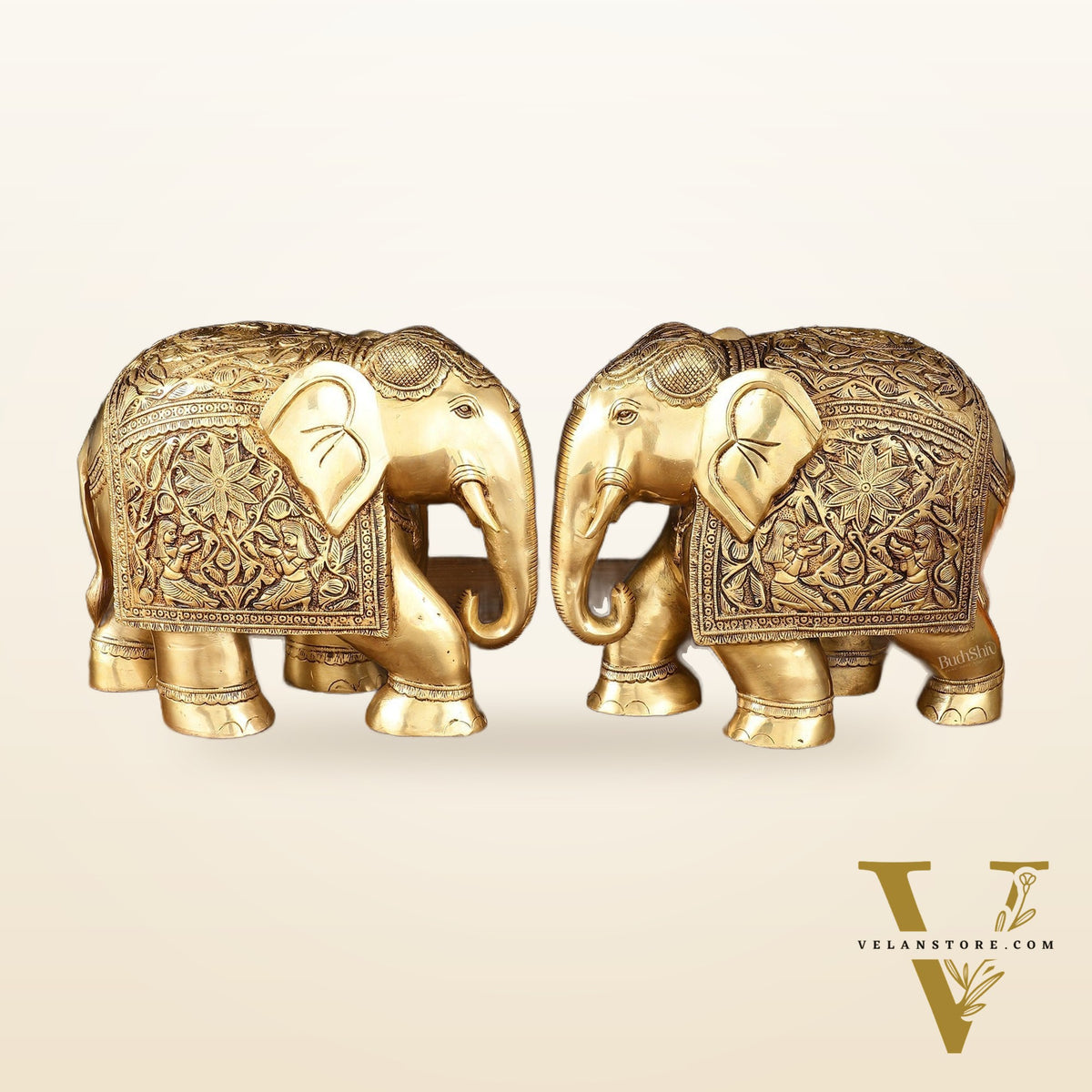 Brass Superfine Elephant Statue Pair - 9.5" Engraved Perfection