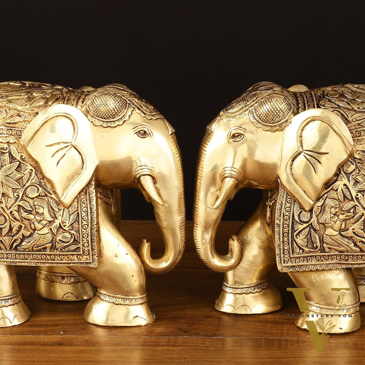 Brass Superfine Elephant Statue Pair - 9.5" Engraved Perfection
