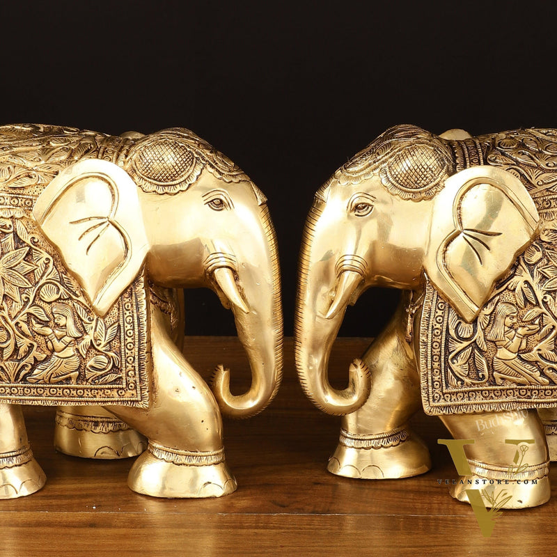 Brass Superfine Elephant Statue Pair - 9.5" Engraved Perfection