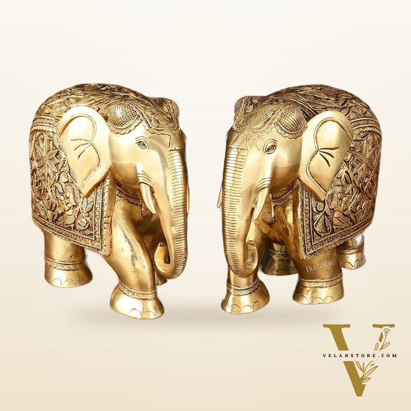 Brass Superfine Elephant Statue Pair - 9.5" Engraved Perfection