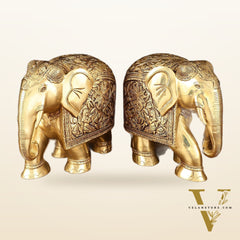 Brass Superfine Elephant Statue Pair - 9.5" Engraved Perfection