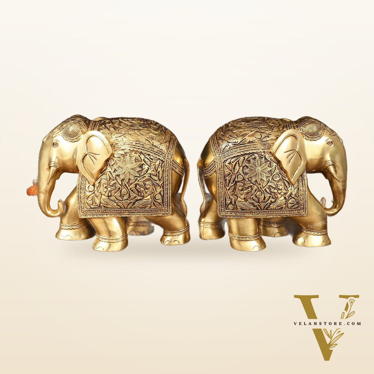 Brass Superfine Elephant Statue Pair - 9.5" Engraved Perfection
