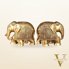 Brass Superfine Elephant Statue Pair - 9.5" Engraved Perfection