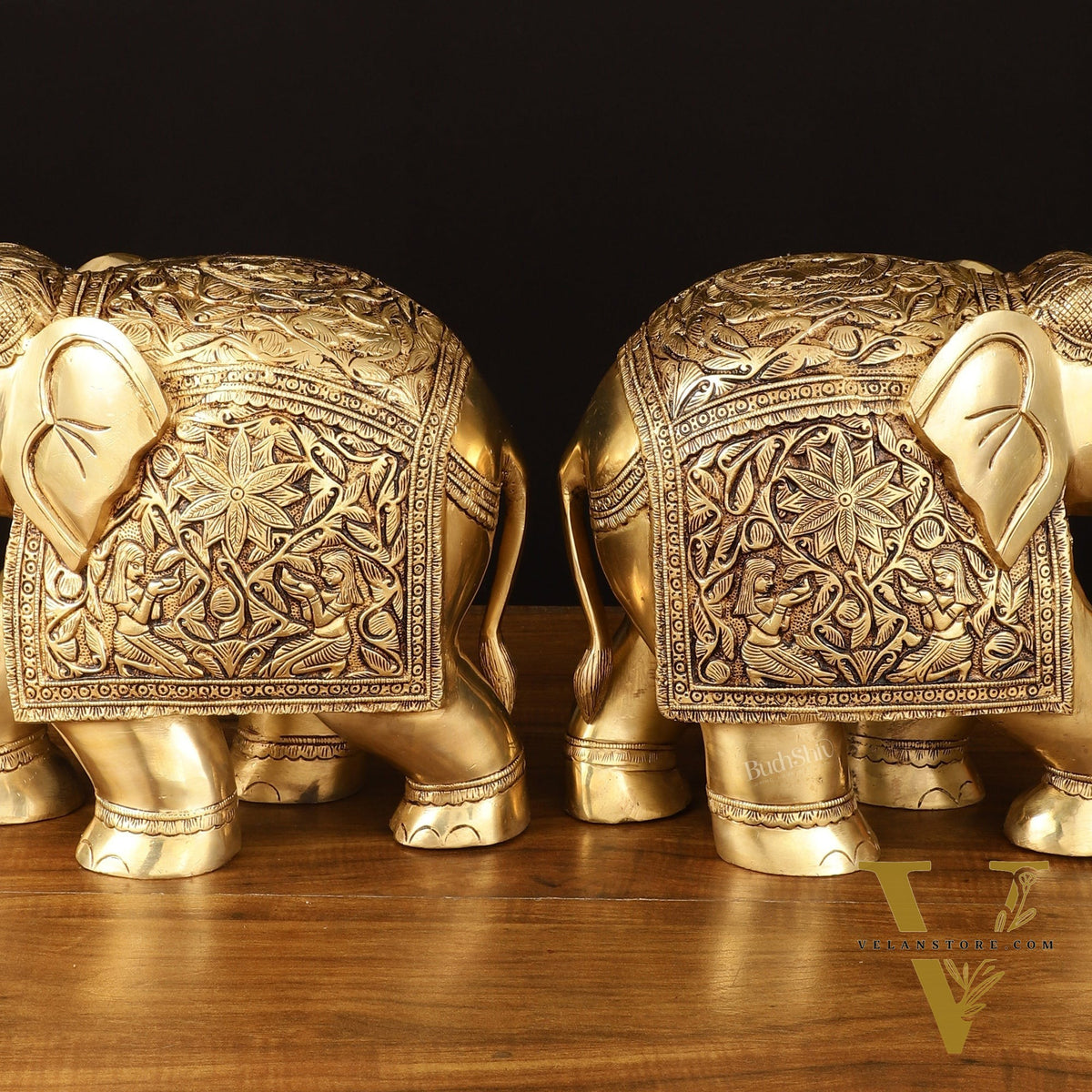 Brass Superfine Elephant Statue Pair - 9.5" Engraved Perfection