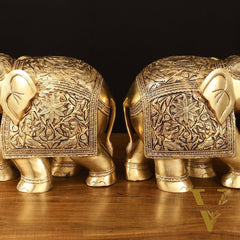 Brass Superfine Elephant Statue Pair - 9.5" Engraved Perfection
