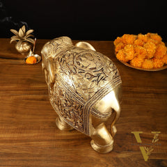 Brass Superfine Elephant Statue Pair - 9.5" Engraved Perfection
