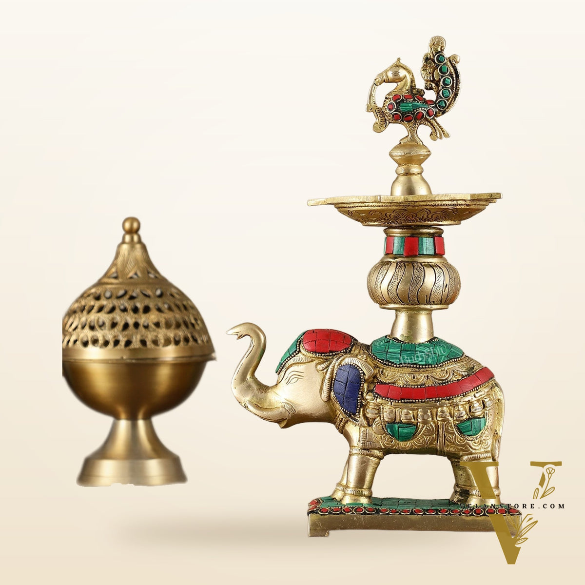 Brass Superfine Elephant with peacock lamp 11" meenakari single