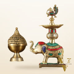 Brass Superfine Elephant with peacock lamp 11" meenakari single
