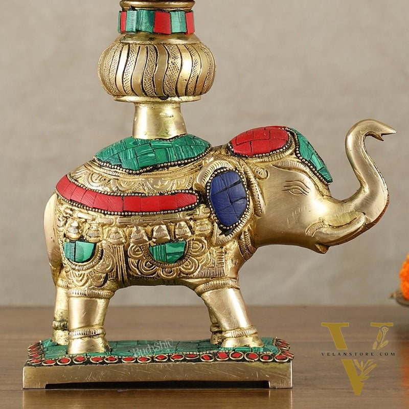 Brass Superfine Elephant with peacock lamp 11" meenakari single