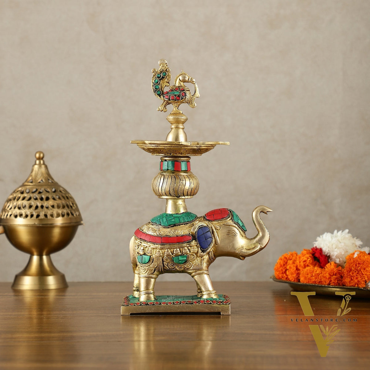 Brass Superfine Elephant with peacock lamp 11" meenakari single