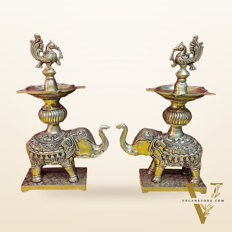 Brass Superfine Elephant with peacock lamp 11"