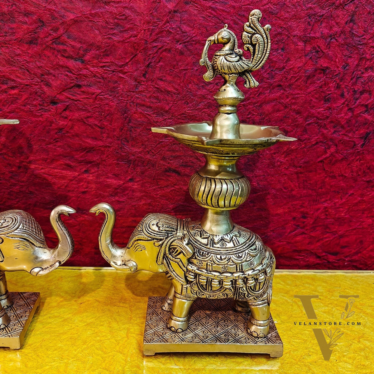 Brass Superfine Elephant with peacock lamp 11"