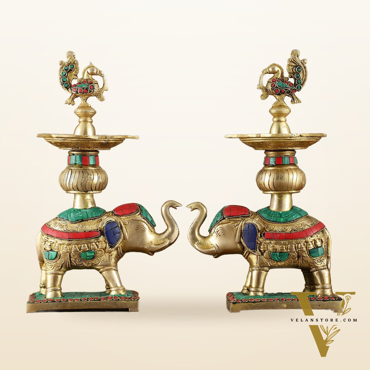 Brass Superfine Elephants pair with peacock lamps 11" meenakari