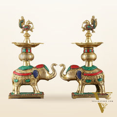 Brass Superfine Elephants pair with peacock lamps 11" meenakari