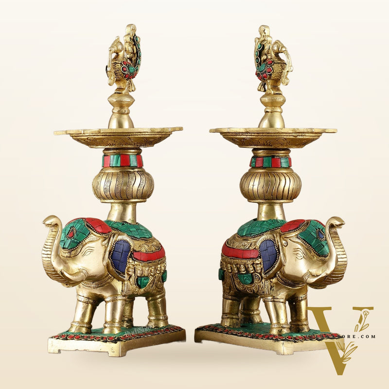 Brass Superfine Elephants pair with peacock lamps 11" meenakari