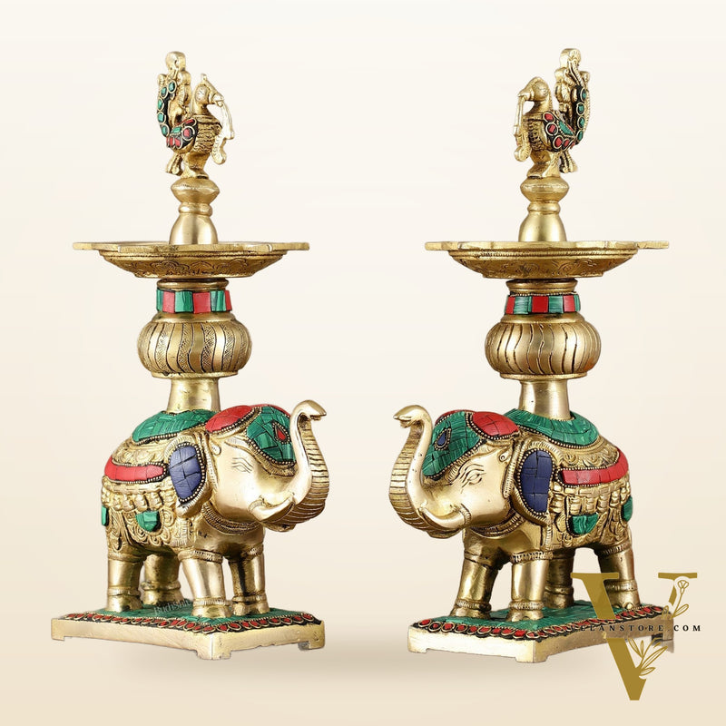 Brass Superfine Elephants pair with peacock lamps 11" meenakari