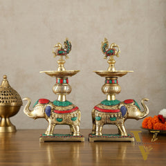 Brass Superfine Elephants pair with peacock lamps 11" meenakari