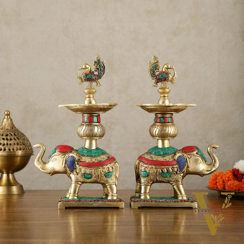 Brass Superfine Elephants pair with peacock lamps 11" meenakari
