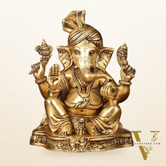 Brass Superfine Ganapati Wearing Turban Pagadi Idol - 8.5" Divine Sculpture