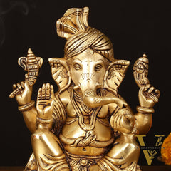 Brass Superfine Ganapati Wearing Turban Pagadi Idol - 8.5" Divine Sculpture