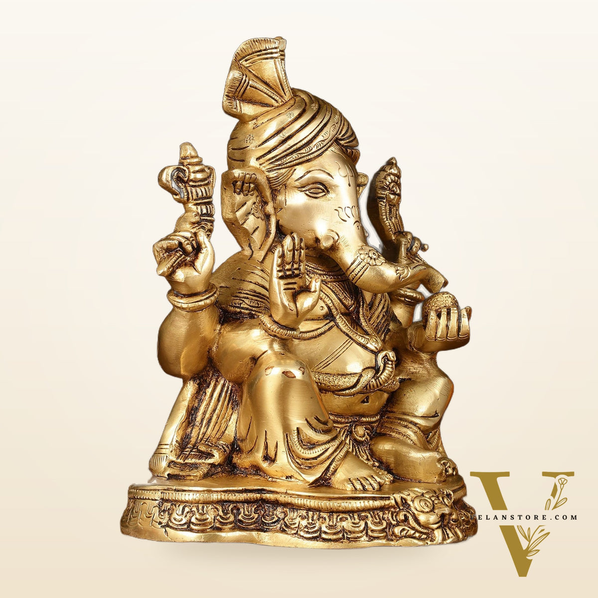 Brass Superfine Ganapati Wearing Turban Pagadi Idol - 8.5" Divine Sculpture