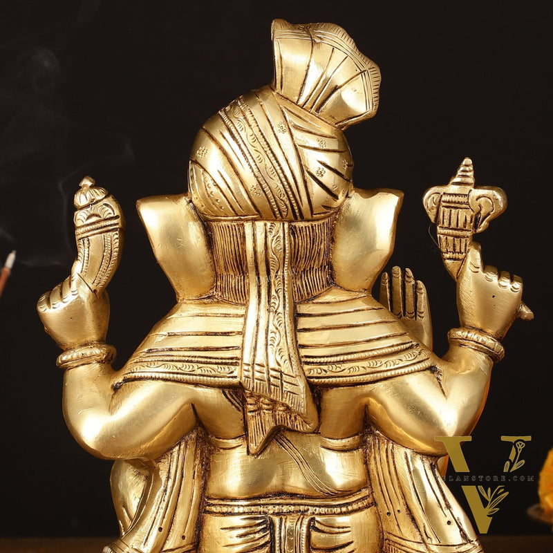 Brass Superfine Ganapati Wearing Turban Pagadi Idol - 8.5" Divine Sculpture
