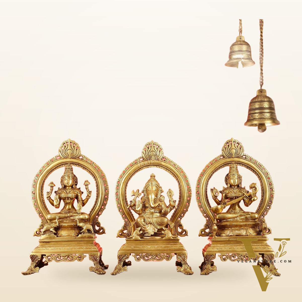 Brass Superfine Ganesh, Lakshmi, and Saraswati Idol Set 15