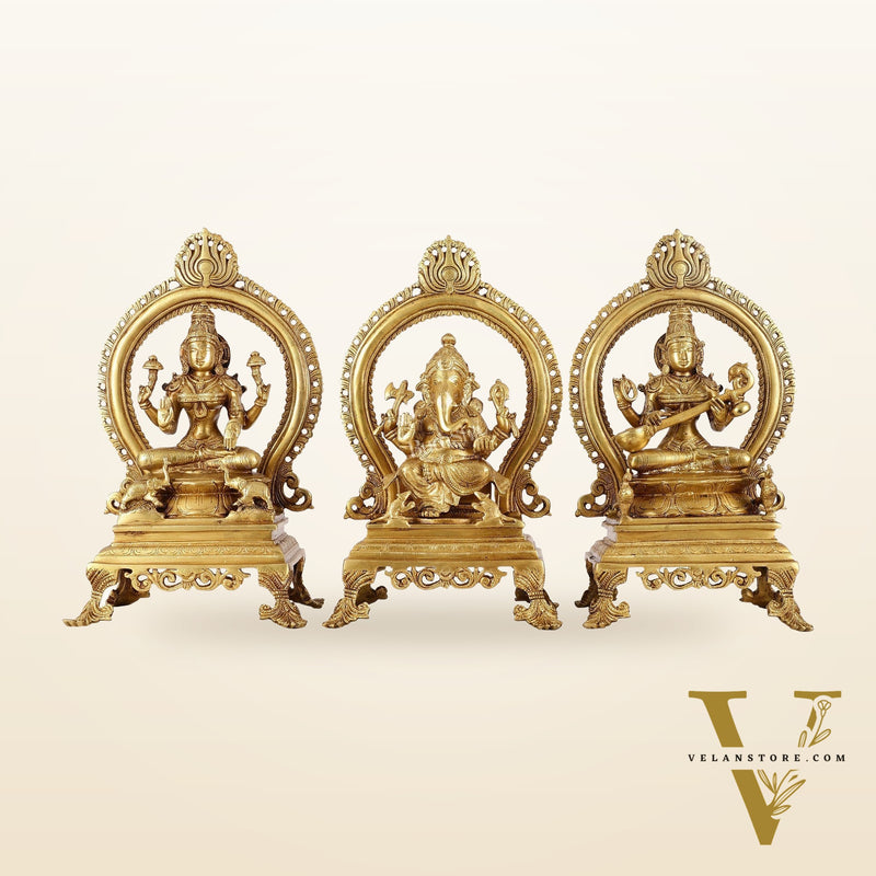 Brass Superfine Ganesh, Lakshmi, and Saraswati Idol Set 15