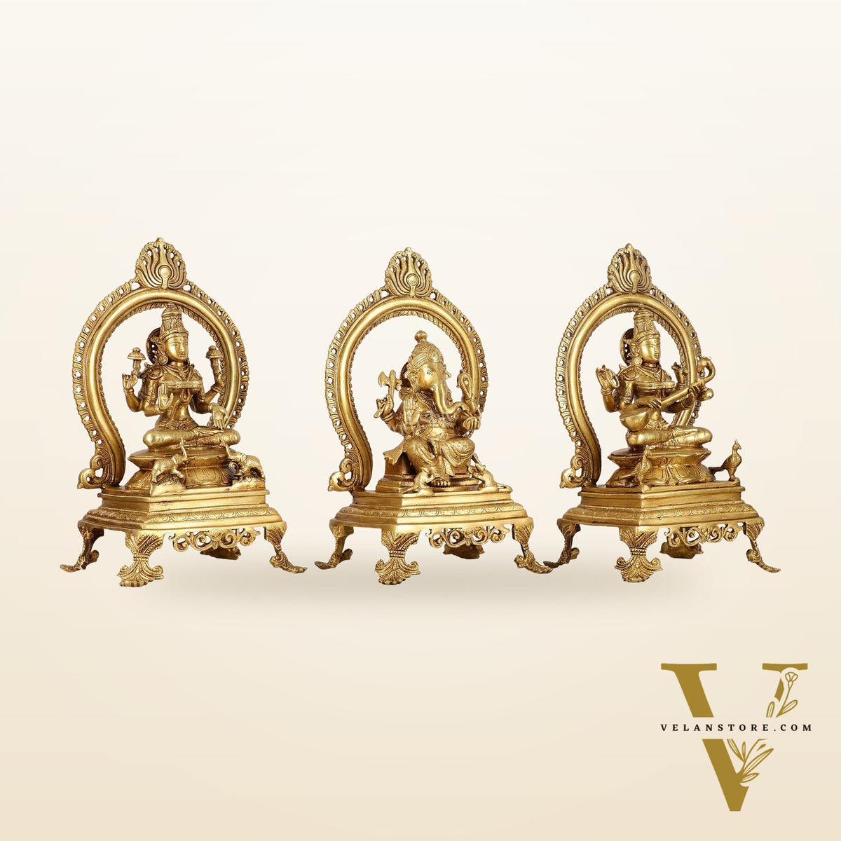 Brass Superfine Ganesh, Lakshmi, and Saraswati Idol Set 15